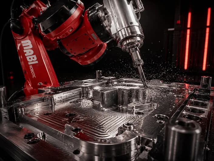 SinuMill 2000 robotic arm milling a large metal workpiece